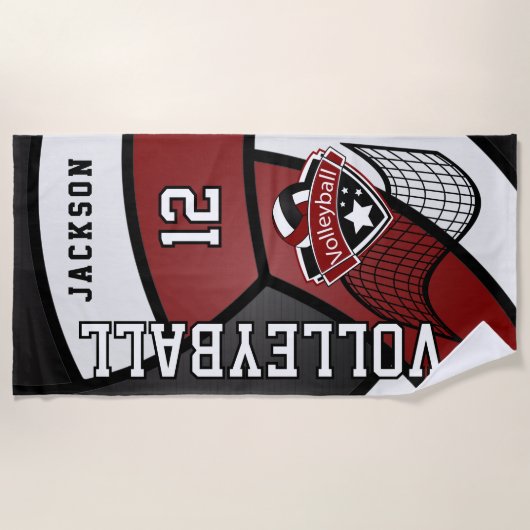 Volleybal in maroon Red, zwart en wit Strandlaken (Voorkant)