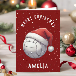 Volleybal met rode kerstman hoed naam Kerstmis Feestdagen Kaart