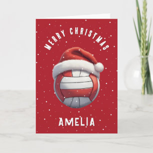 Volleybal met rode kerstmuts Naam Kerstmis Feestdagen Kaart