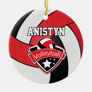 Volleybal personaliseren in rood, wit en zwart keramisch ornament