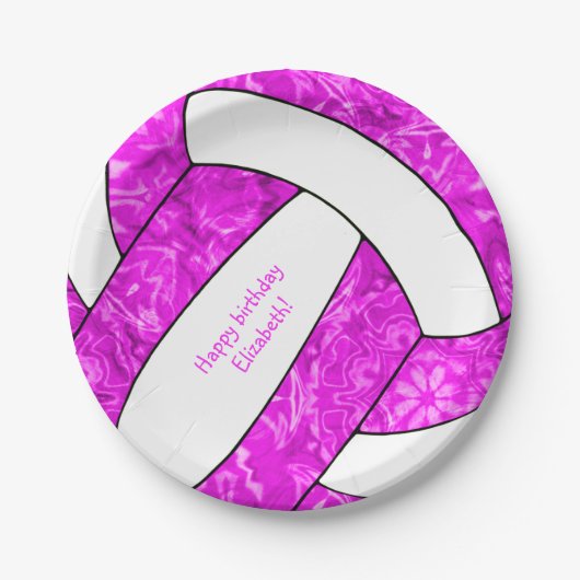 volleybalfeestje bij hotroze meisje papieren bordje (Voorkant)