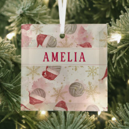 Volleyball Santa Hat Name Christmas   Glas Ornament
