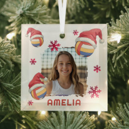 Volleyball Santa Hat Name Photo Christmas  Glas Ornament