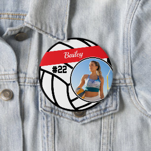 Volleyball Speld Naam & Nummer Foto Rode Knop Ronde Button 4,0 Cm