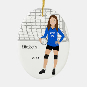 Volleyball Vrouw Brunette Blue & Black Keramisch Ornament