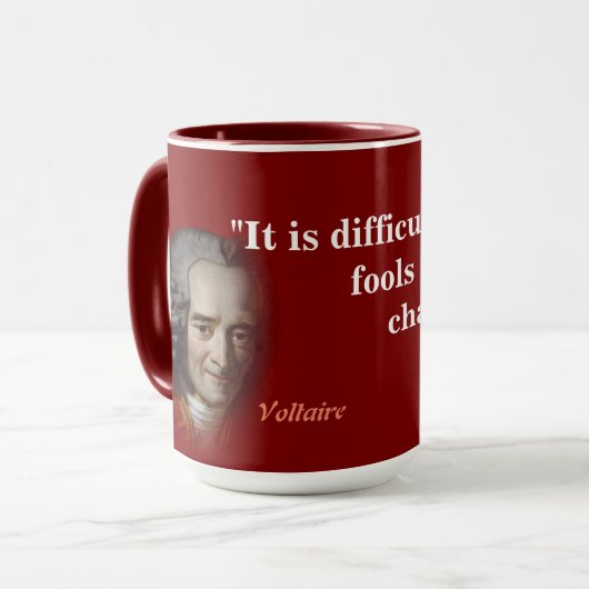 Voltaire citaat op Fools Mok (Voorkant links)
