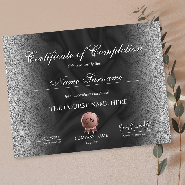 Voltooiingscertificaat voor de gunningscursus Volt (certificate of completion with black silk background and silver glitter on the edges)