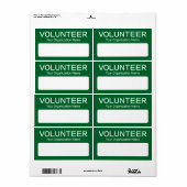 Volunteer Staff Name Tag Stickers Custom Green (Feuille entière)