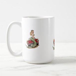 Voluptuous Blonde Mermaid on Red Vintage Car - Fan Koffiemok