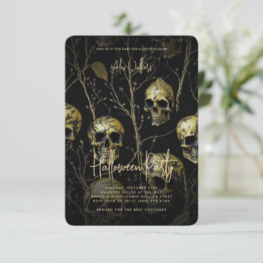 Volwassen Halloween Party Zwart Gouden Schedel Mod Kaart (Staand voorkant)