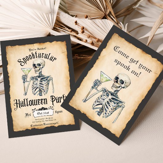 Volwassen Halloween-uitnodiging, Skeleton Retro-ui Kaart