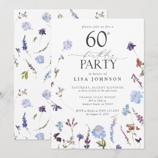  Volwassene 60ste Verjaardagsfeestje Blauwe Wildbl Kaart (Voorkant / Achterkant)