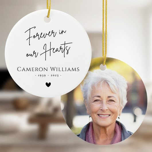 Voor altijd in ons hart gedenkfoto modern wit keramisch ornament