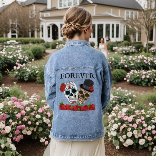 Voor altijd  Sugar Skulls Paar Rode Rozen Denim Jacket (Huwelijk Achterkant)