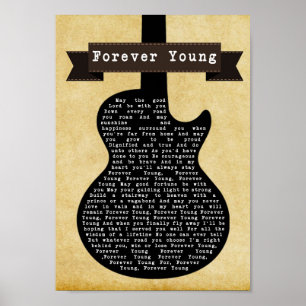 Voor ever Young Black Guitar Song Lyric Print