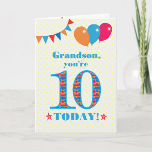 Voor Grandson 10th Birthday Bunting Balloons Kaart