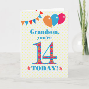 Voor Grandson 14th Birthday Bunting Balloons Kaart