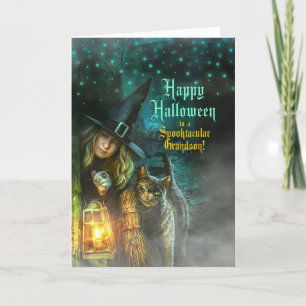 voor Grandson Witch en Cat Halloween Feestdagen Kaart