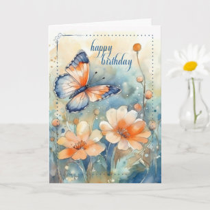voor haar vlinder en bloemen perzik blauwe verjaar kaart