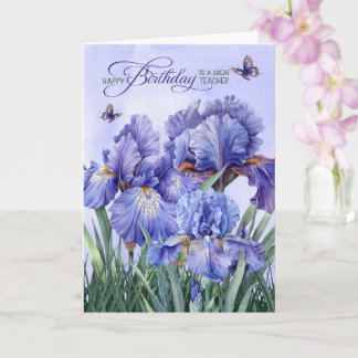 voor juf Paarse Iris met Vlinders Verjaardag Kaart