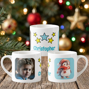 Voor kinder foto naam pinguïn kerst blauw espresso kop