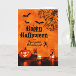 voor kleindochter Oranje Spiders Bats Halloween Kaart