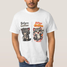 Voor Koffie Chagrijnige Kat Na Koffie