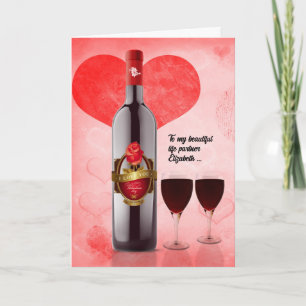 voor Life Partner op Valentijnsdag Wijn en hart Feestdagen Kaart
