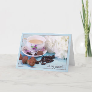 Voor mijn vriend met chocolade, koffie en hortensi feestdagen kaart