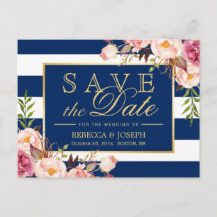 (voor USPS) Floral Navy Blue Stripes Save the Date Aankondigingskaart