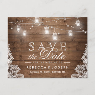 (voor USPS) Rustic String Lights Kant Save the Dat Aankondigingskaart