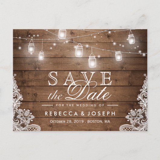 (voor USPS) Rustic String Lights Kant Save the Dat Aankondigingskaart (Voorkant)
