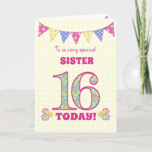 Voor zuster 16th Birthday Primroses Bunting Kaart