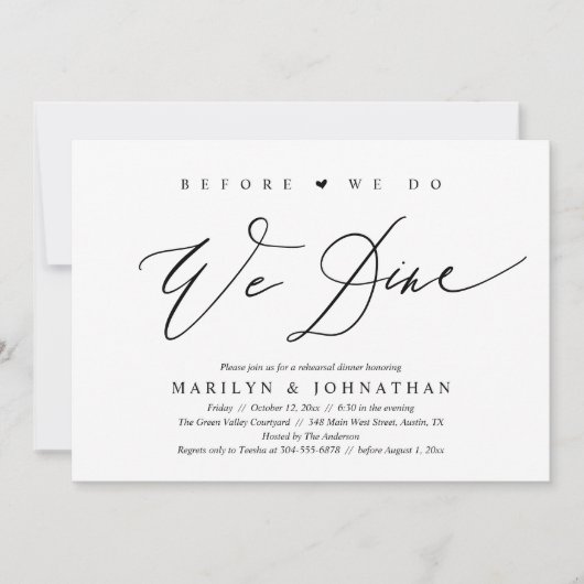 Voordat we dat doen, dineren we, bruiloft-repetiti kaart (Voorkant)