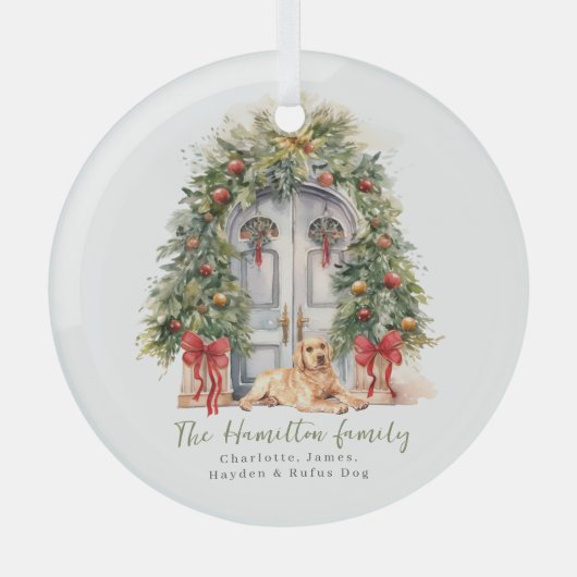 Voordeur met gele labrador kerst glas ornament (Voorkant)