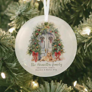 Voordeur met gele labrador kerst glas ornament