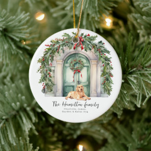 Voordeur met gele labrador kerst keramisch ornament