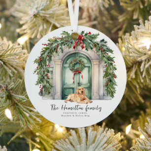 Voordeur met gele labrador kerst metalen ornament