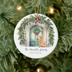 Voordeur met gouden retriever kerst keramisch ornament