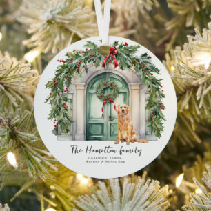 Voordeur met gouden retriever kerst metalen ornament