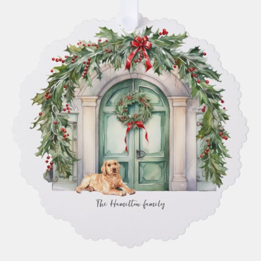 Voordeur met gouden retriever kerst ornament kaart (Voorkant)