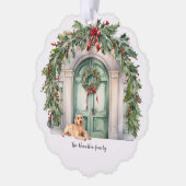 Voordeur met gouden retriever kerst ornament kaart (Links)