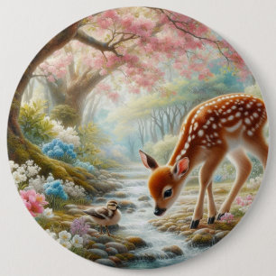 Voorjaar bossen met eend en fawn/hert ronde button 6,0 cm