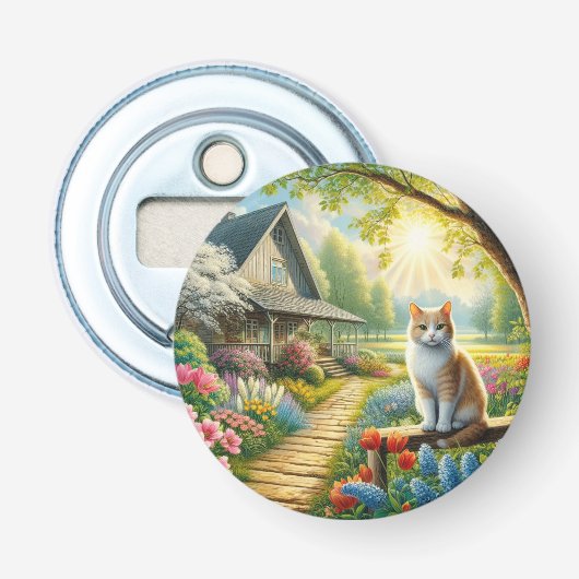 Voorjaar huisje/tuin & kat button flesopener (Voorkant)