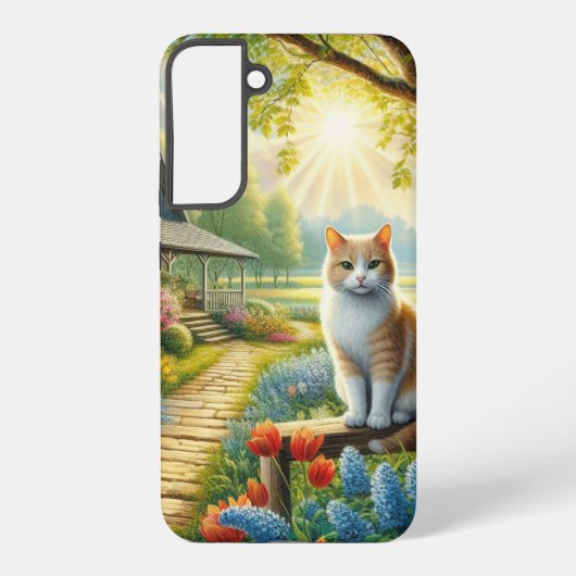 Voorjaar huisje/tuin & kat samsung galaxy hoesje (Achterkant)