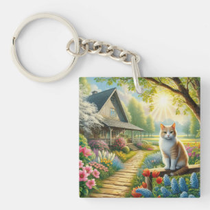 Voorjaar huisje/tuin & kat sleutelhanger