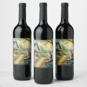 Voorjaar huisje/tuin & kat wijn etiket (Flessen)