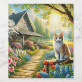 Voorjaar huisje/tuin & kat wijn etiket (Enkel label)