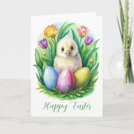 Voorjaars waterverf met schattige kippen en geverf feestdagen kaart