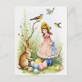 Voorjaarsscène met meisje, konijn en paaseieren feestdagenkaart